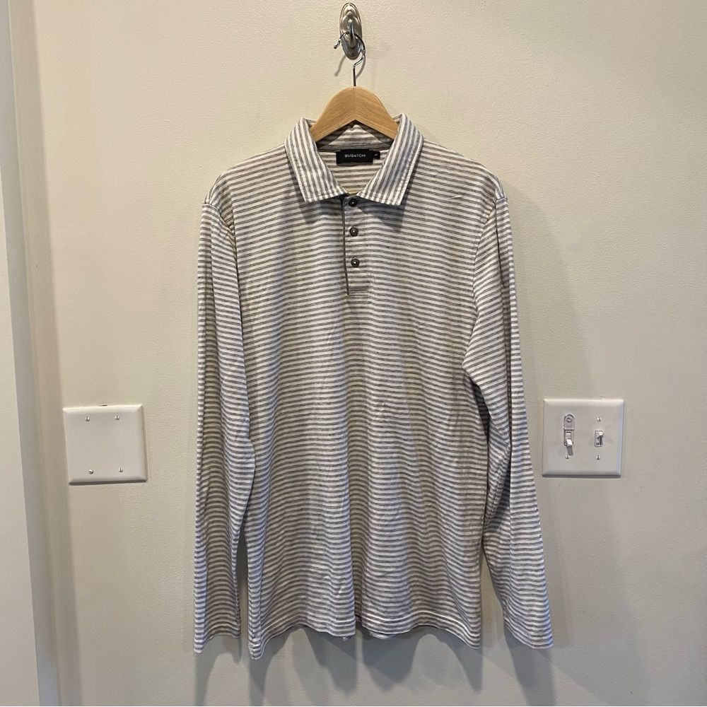 Bugatchi long sleeve polo shirt mens large gray stripes 100% cotton